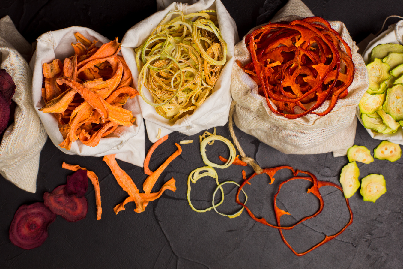 Dehydrated Vegetables in Textile Bags on Black